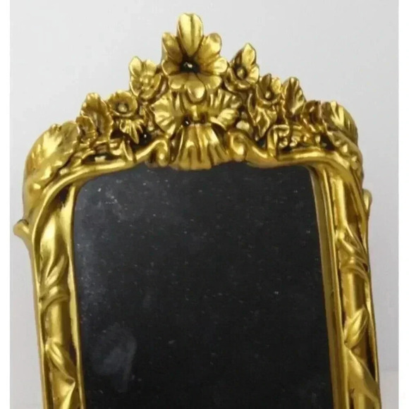 Vintage ORNATE Gold Hollywood Regency Floral Easel Back Table Top Mirror 5" X 9" - Picture 2 of 4